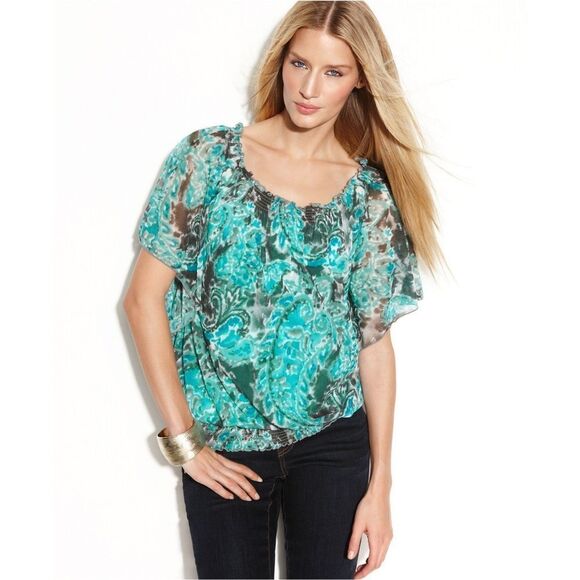 New! INC Paisley 2-Piece Mesh Top Blouse & Camisole Flutter Sleeve Medium Green - Picture 1 of 1